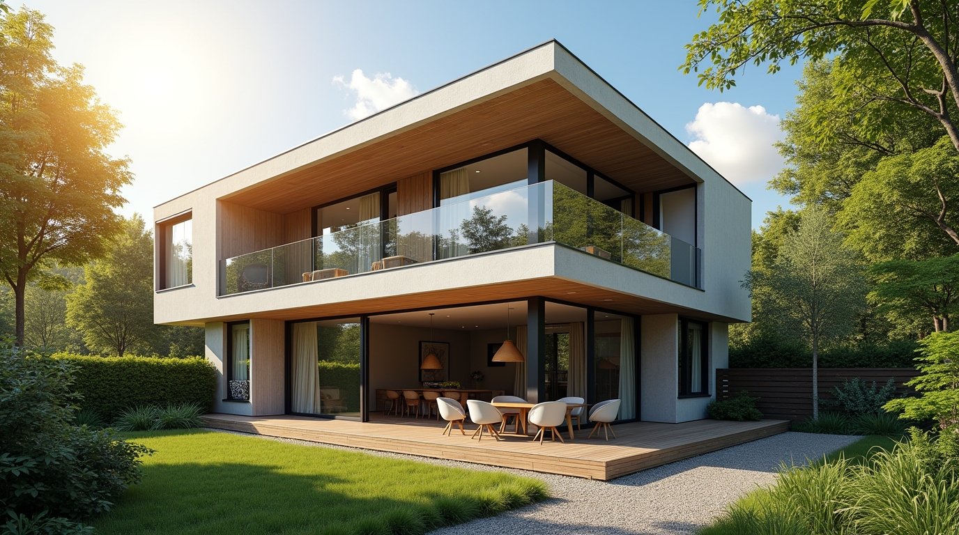 Maison moderne isolée, protégée de la chaleur estivale avec stores et ombre.