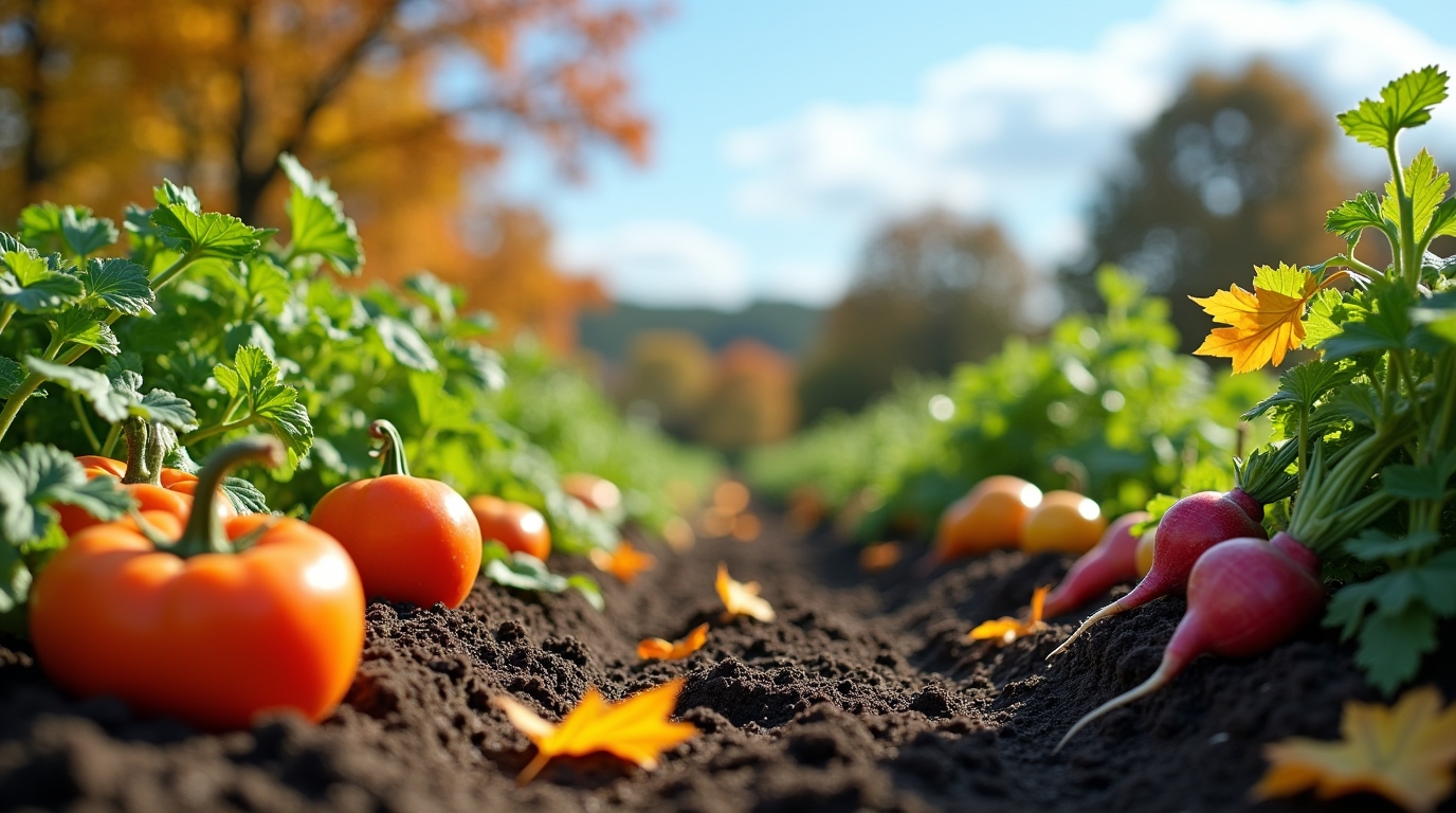 Potager automnal avec légumes colorés et feuilles d'automne, préparation pour le jardinage en octobre.